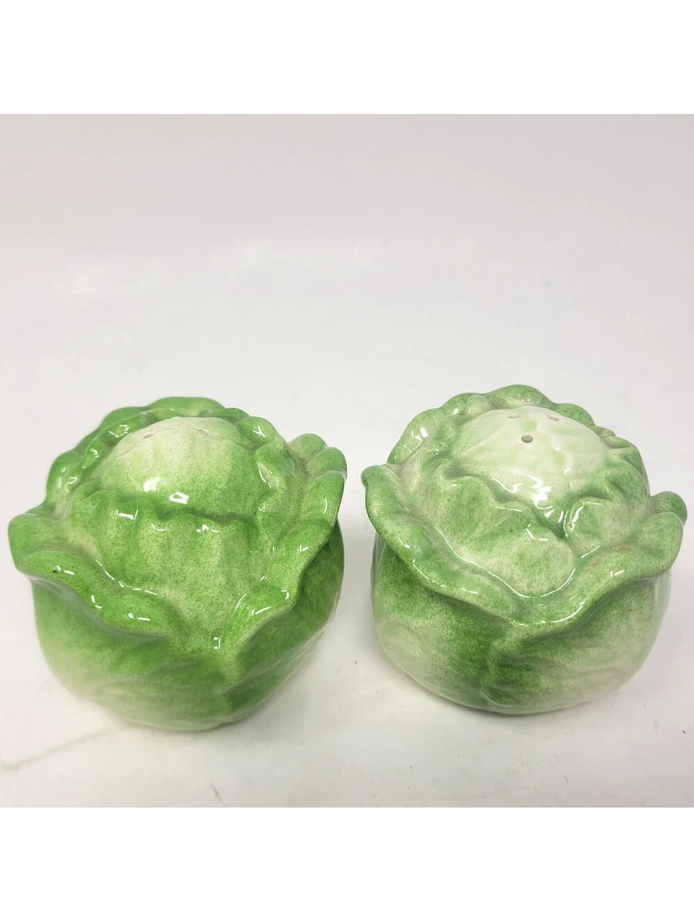 Vintage Ceramic Cabbage Lettuce Head Salt Pepper Shakers Majolica Style
